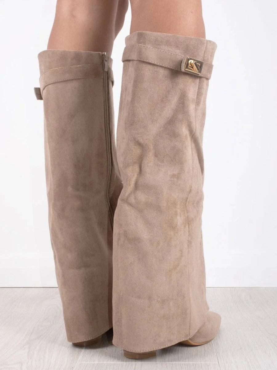 Ruby | Elegant Black Suede Knee-High Boots With Gold Hardware