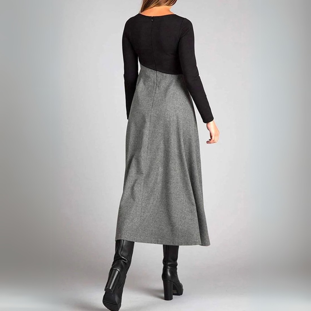 Thea | Elegant Colorblock Pleated Long Sleeve Maxi Dress