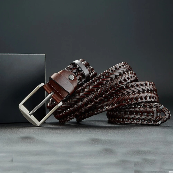 Kai | Sleek Black Braided Cowhide Belt With Polished Buckle