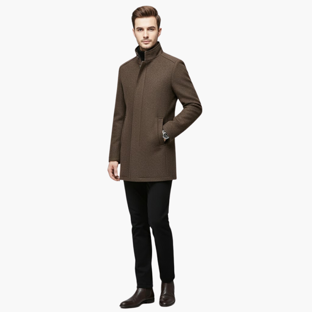 Phoebe | Elegant Men's Brown Wool Overcoat With Stand Collar