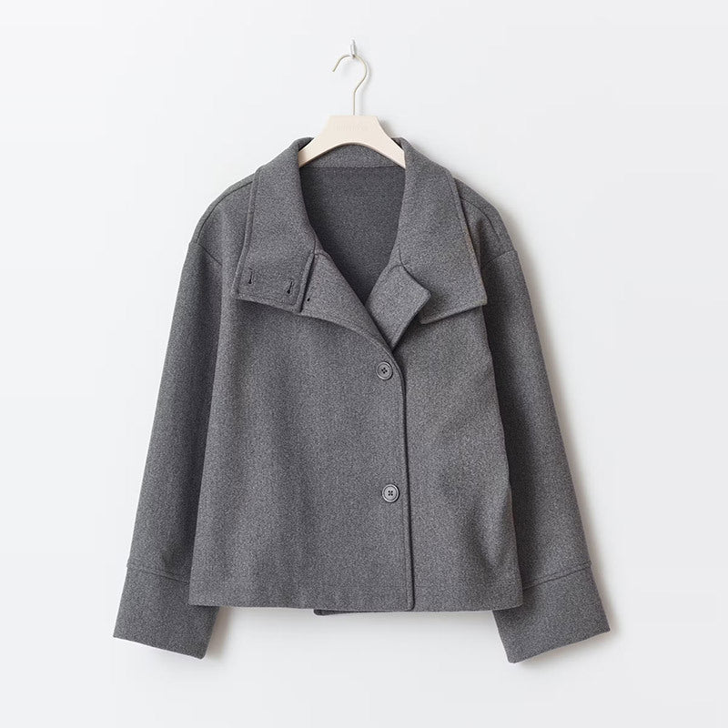 Penelope | Elegant Navy Button Front Cropped Coat With High Collar