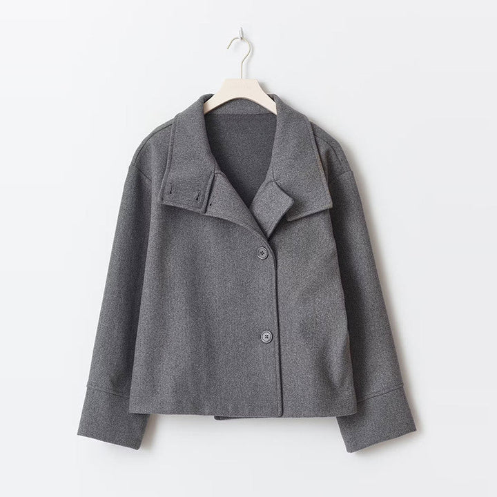 Penelope | Elegant Navy Button Front Cropped Coat With High Collar
