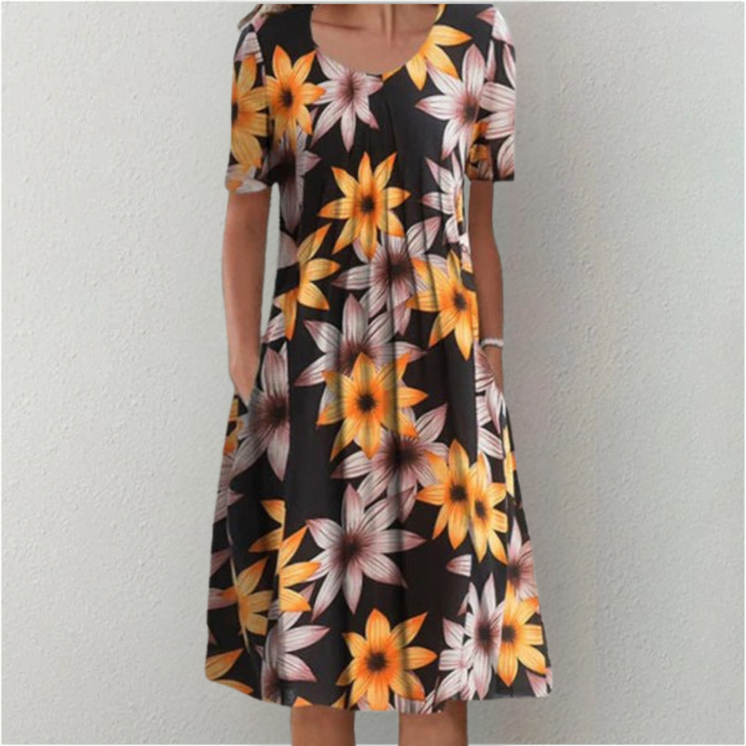 Sybil | Elegant Floral A-Line Midi Dress With Short Sleeves