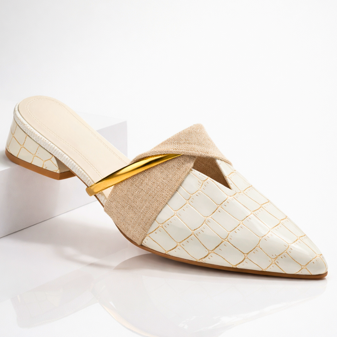 Odette | Chic Pointed Toe Croc-Embossed Mules With Gold Accent
