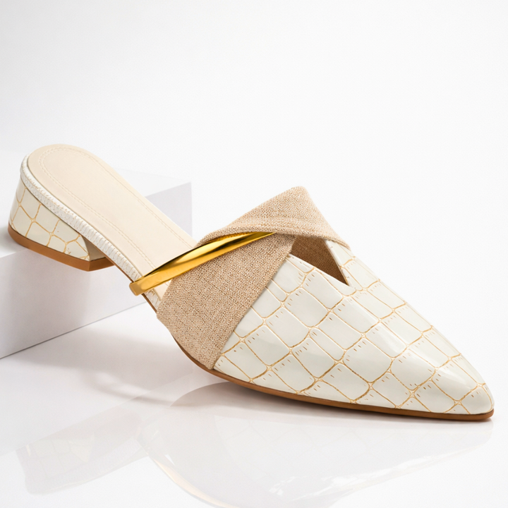 Odette | Chic Pointed Toe Croc-Embossed Mules With Gold Accent