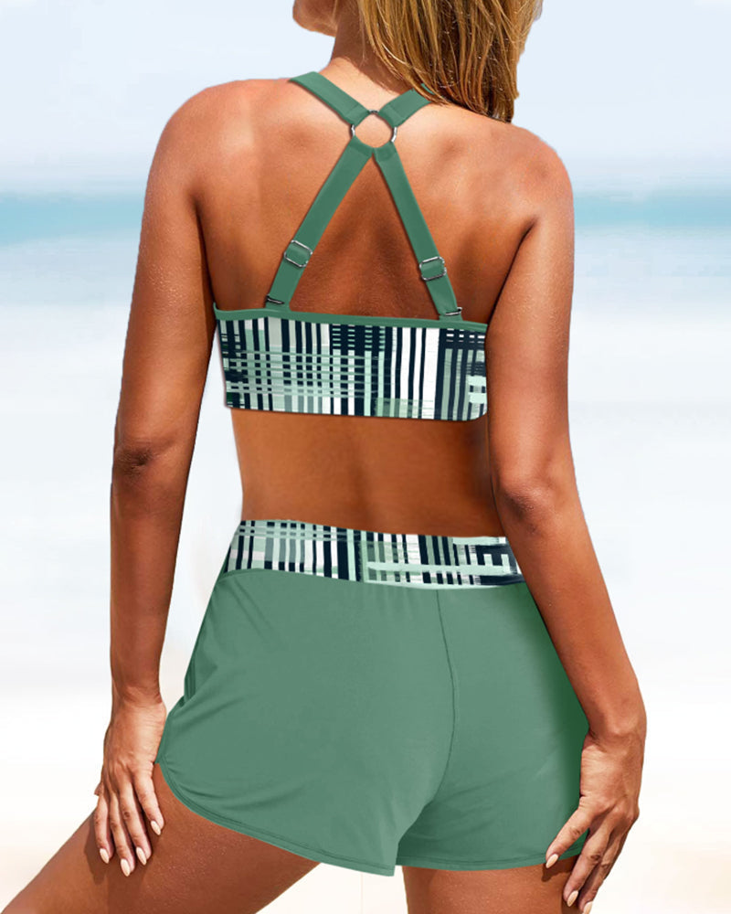 Serena | Stylish Halter High Waist Striped Tankini With Shorts