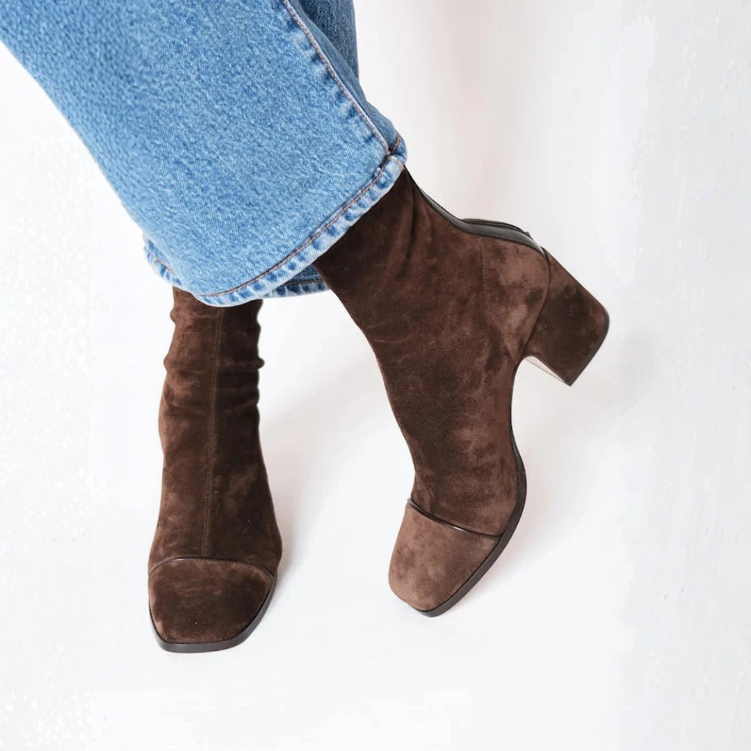 Serena | Elegant Brown Suede Block Heel Ankle Boots