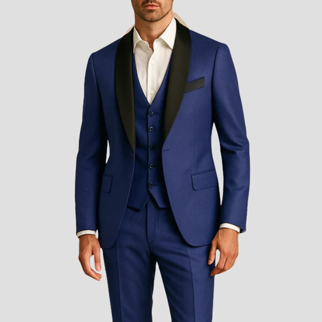 Men's Navy Three-Piece Tuxedo With Black Lapels And Bow Tie
