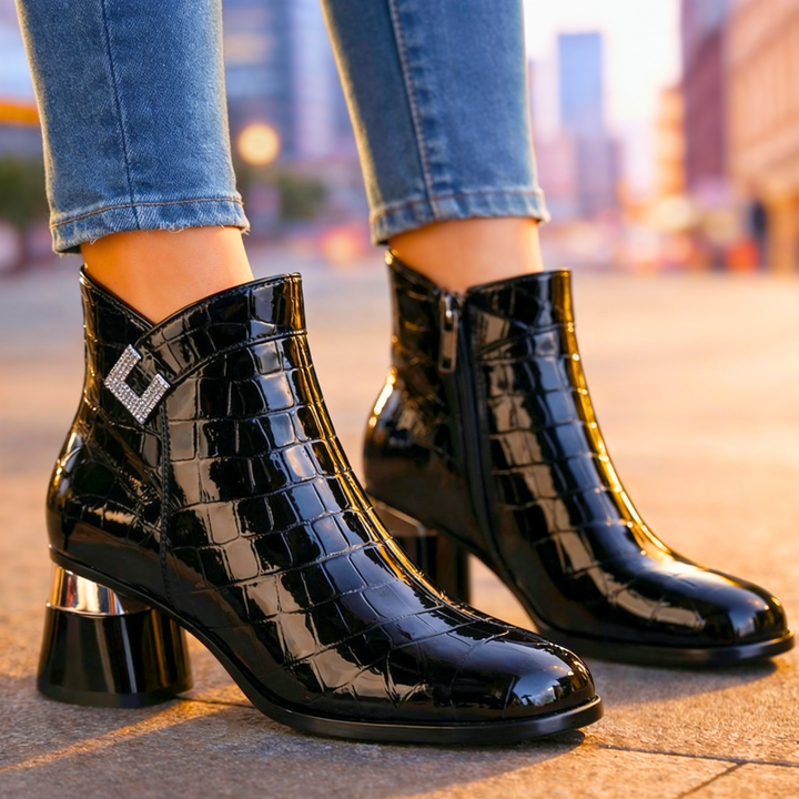 Luna | Chic Croc-Embossed Block Heel Ankle Boots
