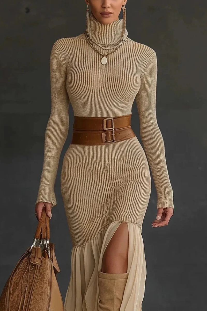 Magnolia | Elegant Turtleneck Ribbed Ruffle Maxi Dress