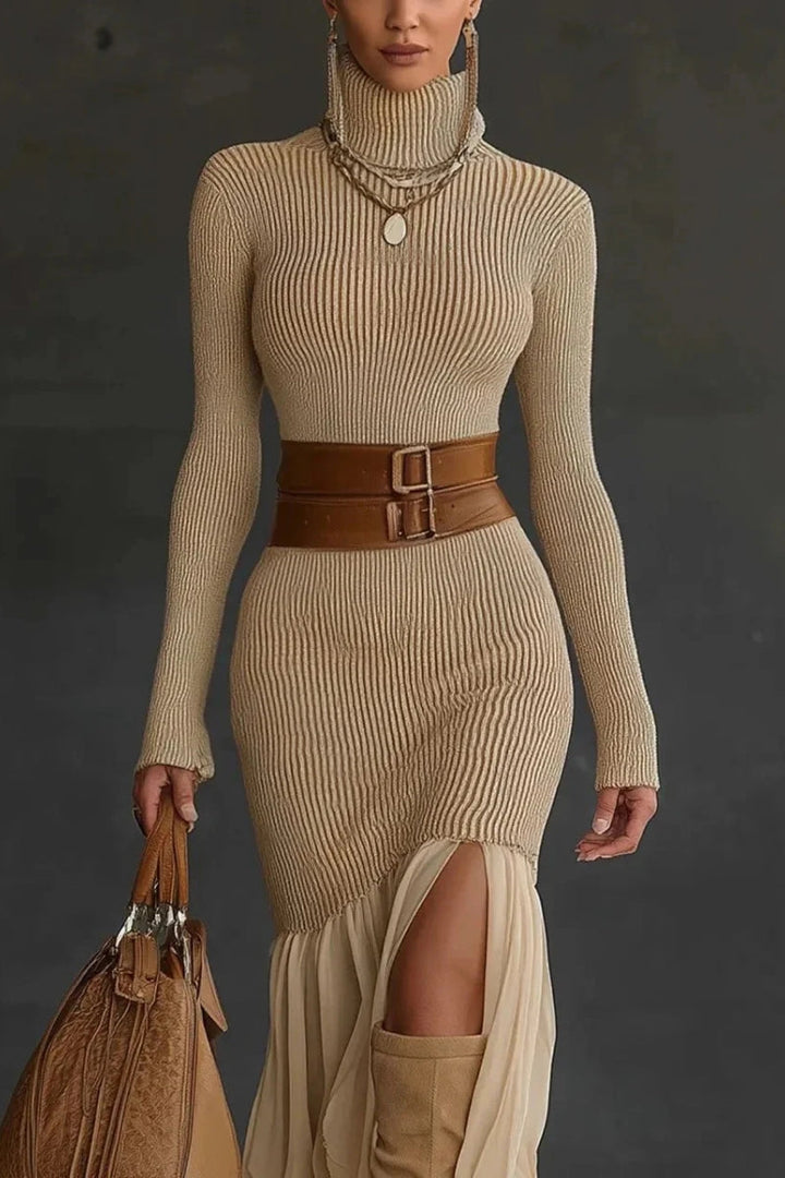 Magnolia | Elegant Turtleneck Ribbed Ruffle Maxi Dress