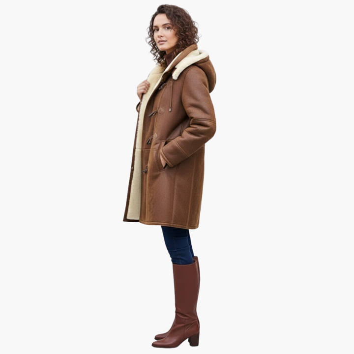 Freya | Stylish Faux Shearling Duffle Coat With Hood And Toggle Closures