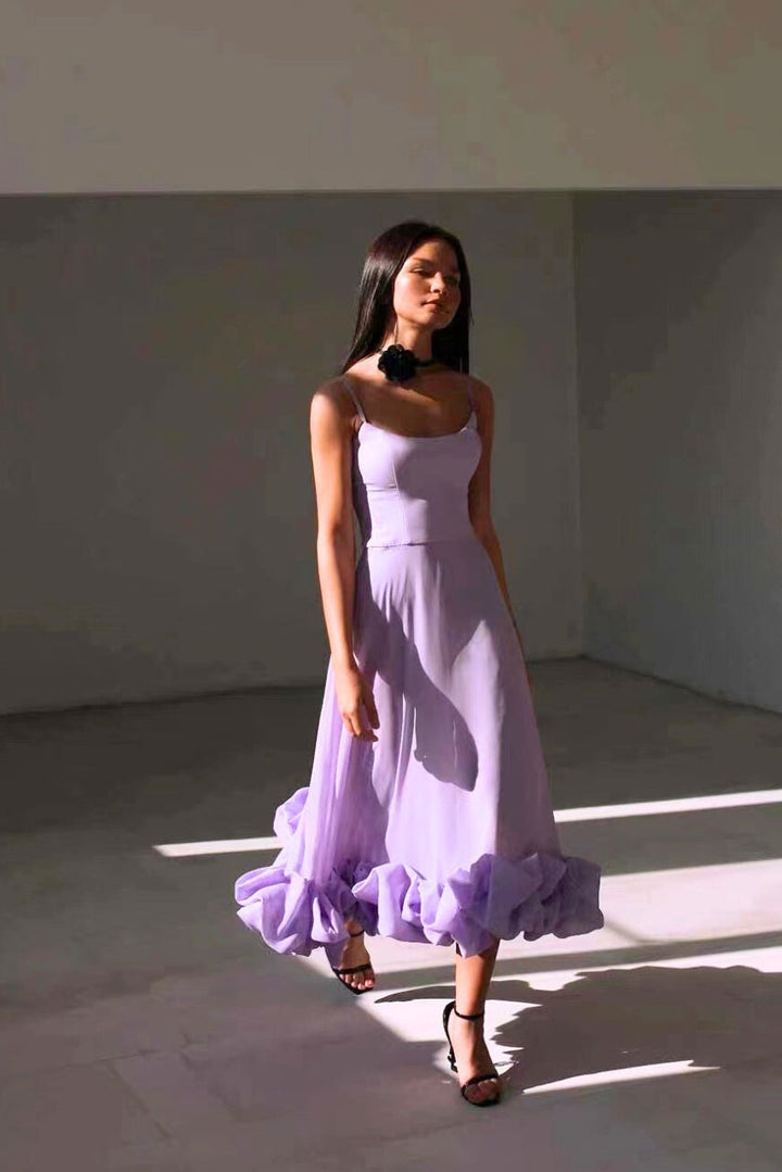 Camille | Chic Spaghetti Strap Ruffle Midi Dress