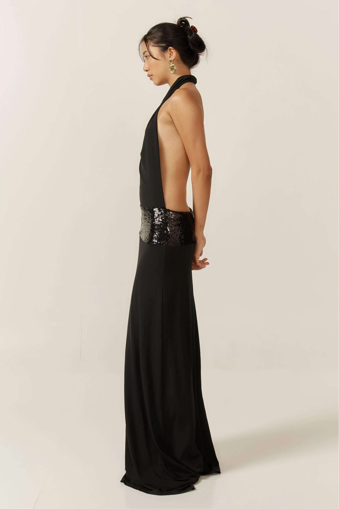 Adele | Elegant Black Halter Sequin Waist Maxi Gown