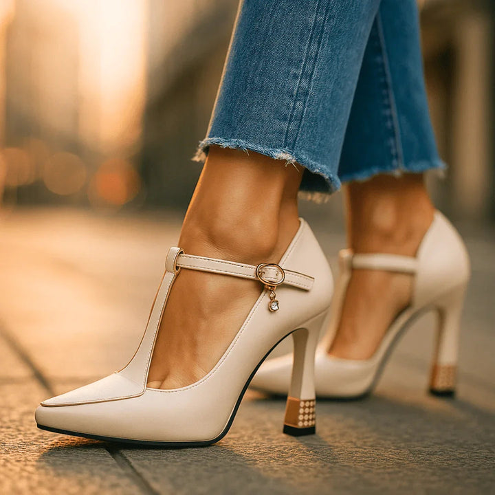Ruby | Elegant Black T-Strap Block Heels With Gold Accents