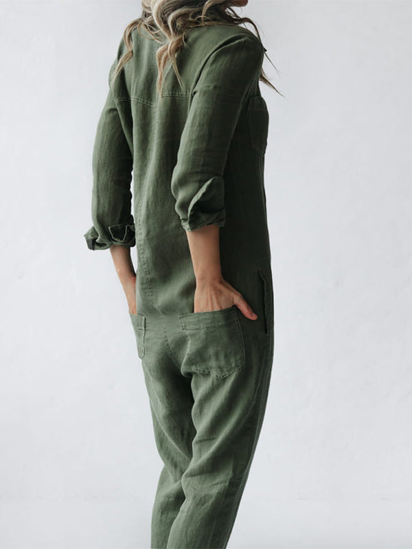 Cassandra | Elegant Long Sleeve Button Front Utility Jumpsuit