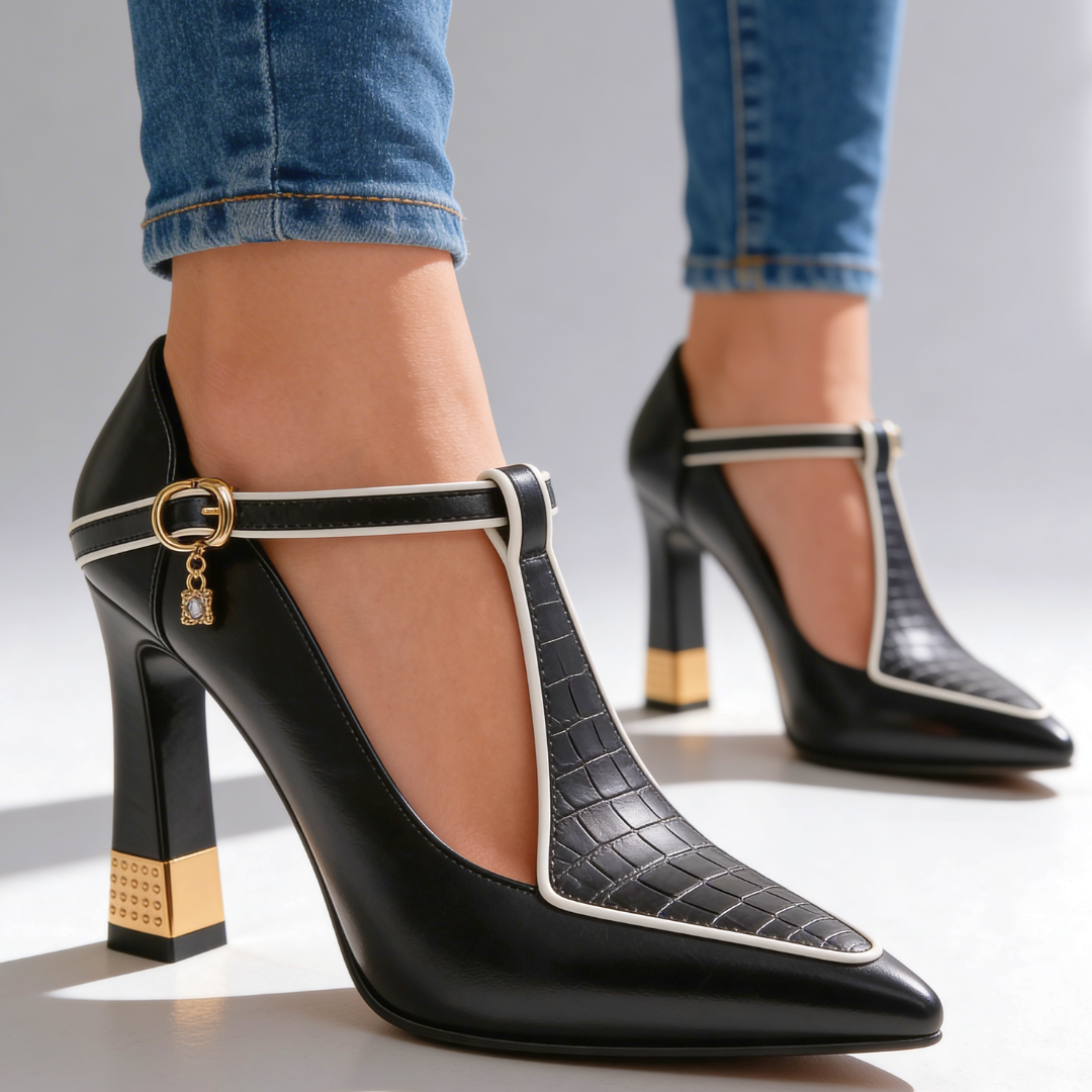 Ruby | Elegant Black T-Strap Block Heels With Gold Accents