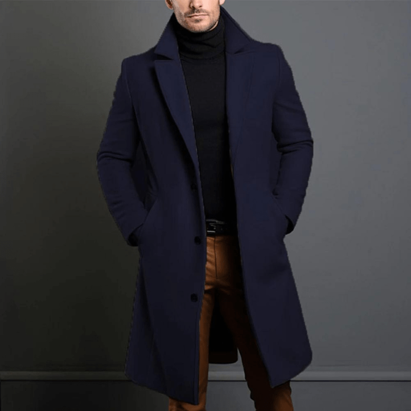 Edson | Elegant Long Wool Overcoat With Lapel Collar For Men
