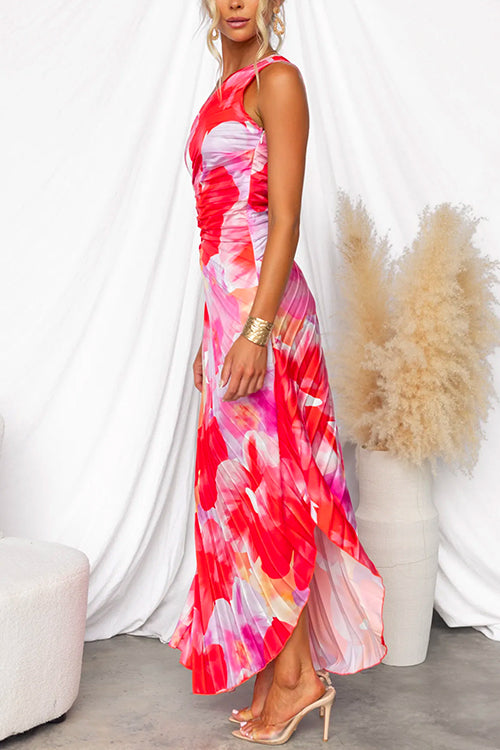 Camille | Elegant One-Shoulder Pleated Printed Maxi Dress