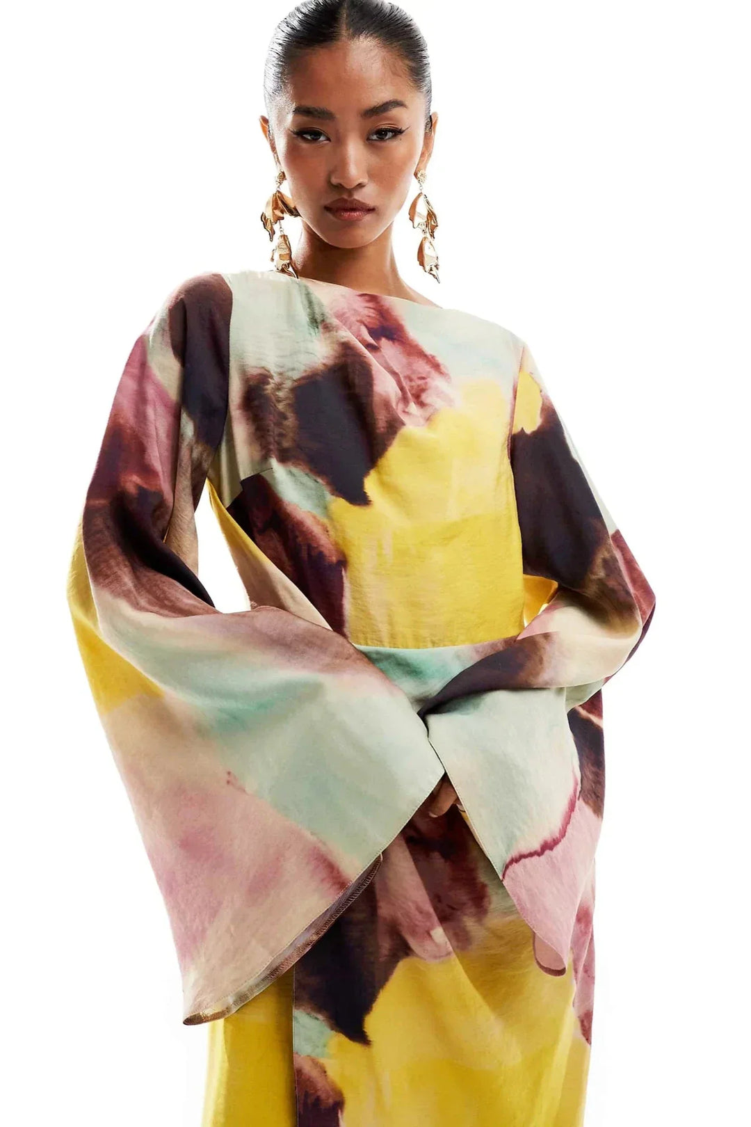 Jacqueline | Elegant Abstract Watercolor Maxi Dress With Flared Sleeves
