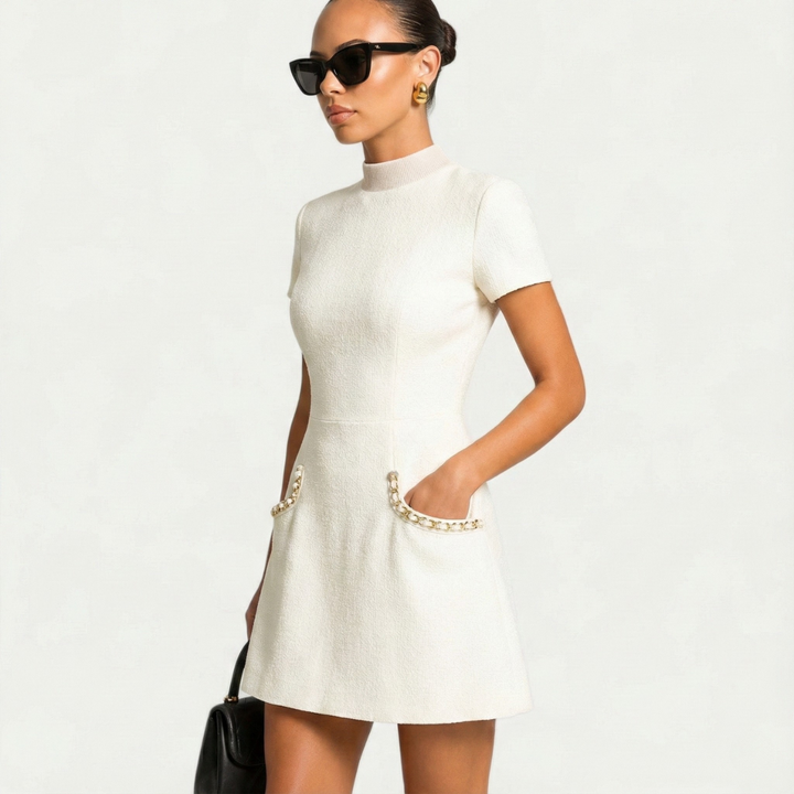 Aubrey | Chic Pearl Trim Mini Dress With Short Sleeves