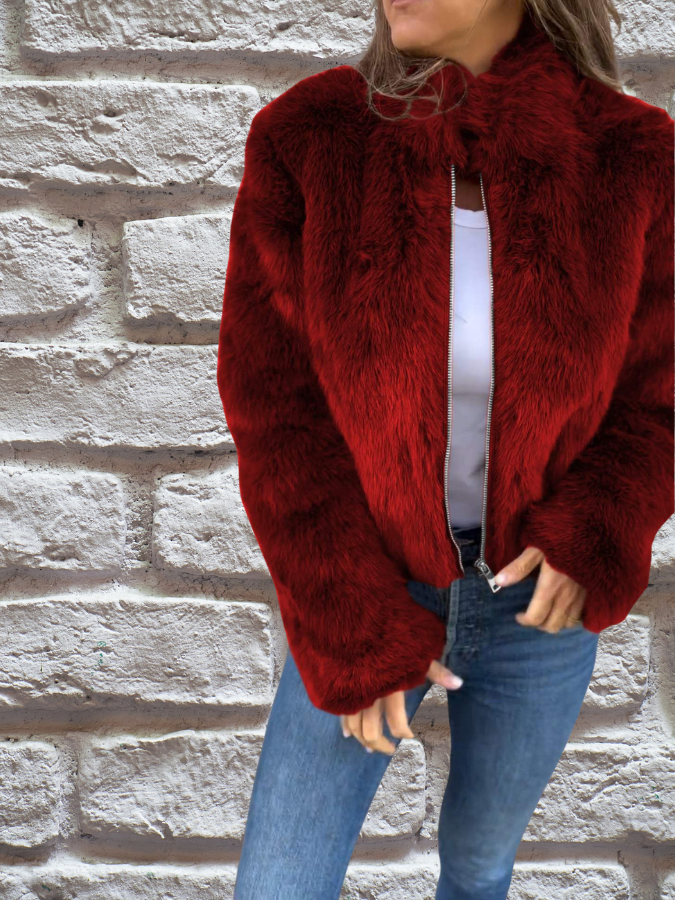 Natalie | Luxe Brown Faux Fur Cropped Jacket With Zipper