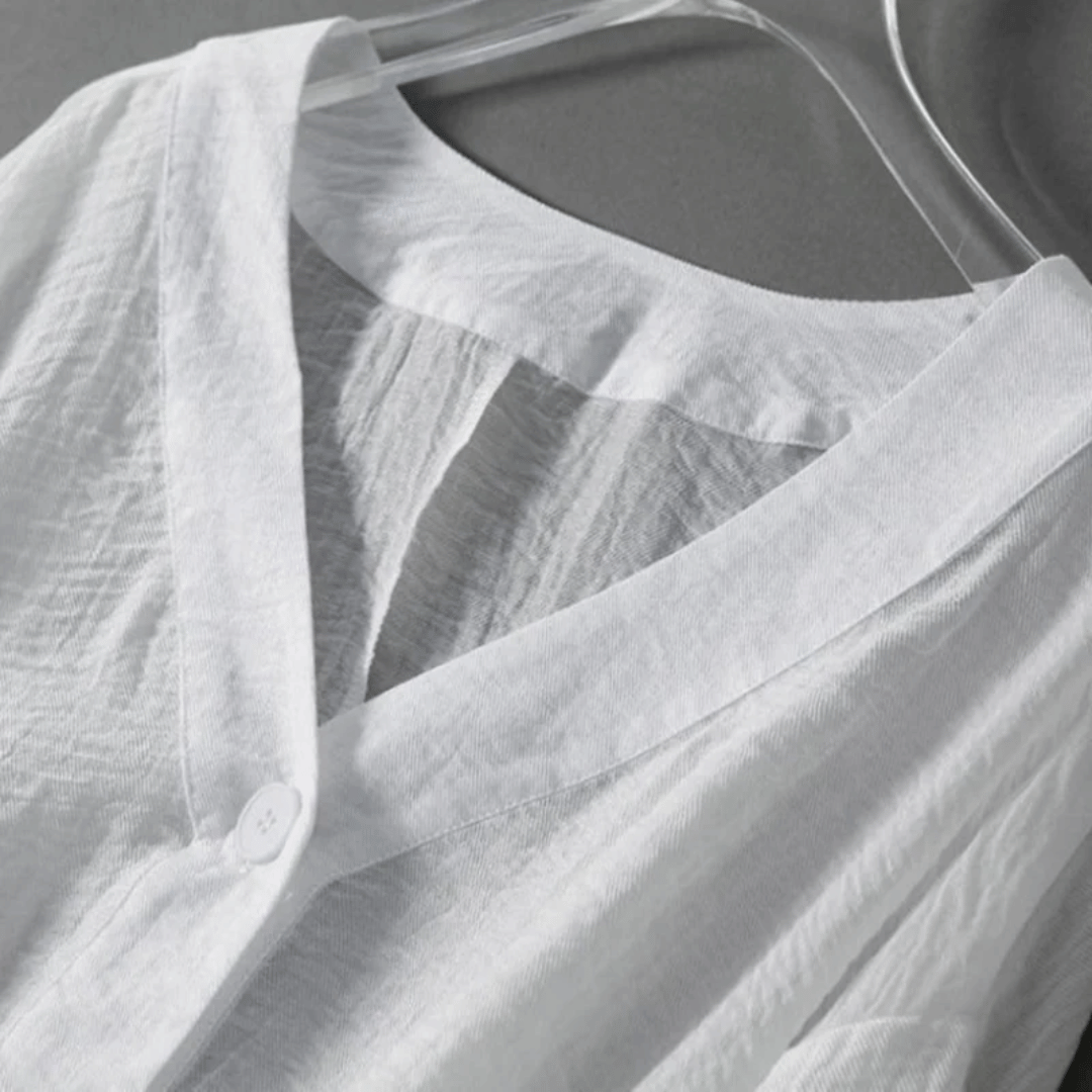 Margot | Elegant White Linen V-Neck Batwing Sleeve Blouse