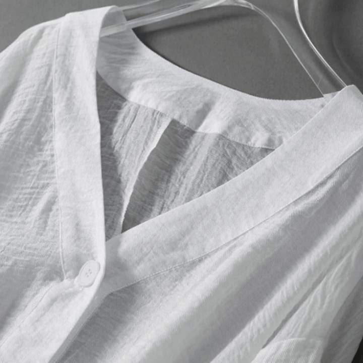 Margot | Elegant White Linen V-Neck Batwing Sleeve Blouse