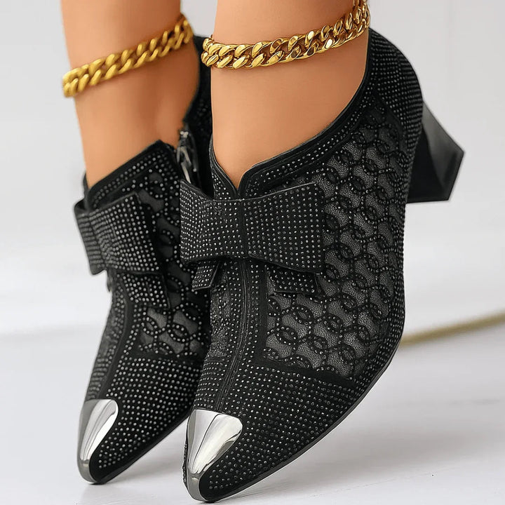 Margot | Elegant Rhinestone Bow Block Heels With Metallic Pointed Toe