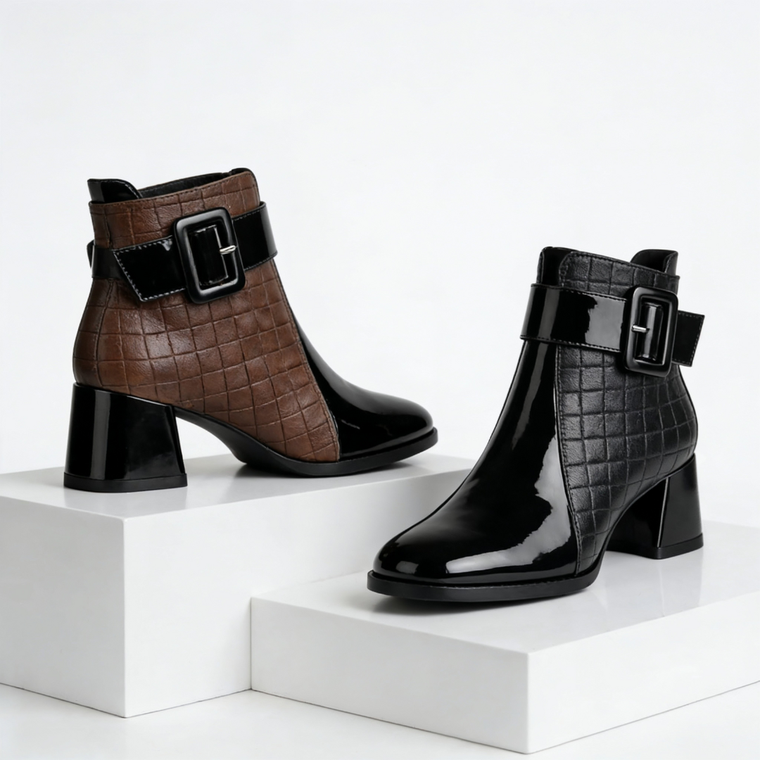 Margot | Chic Patent Leather Block Heel Ankle Boots With Quilted Detail