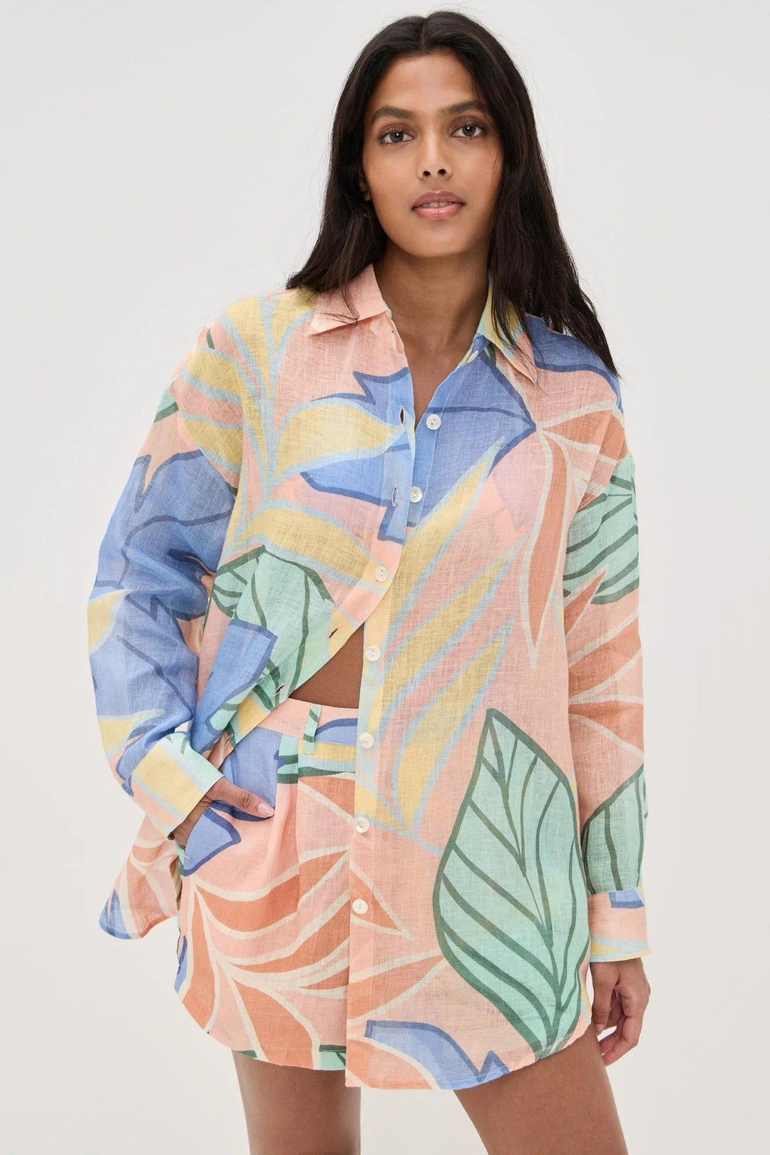 Paisley | Tropical Leaf Print Boyfriend Shirt Set