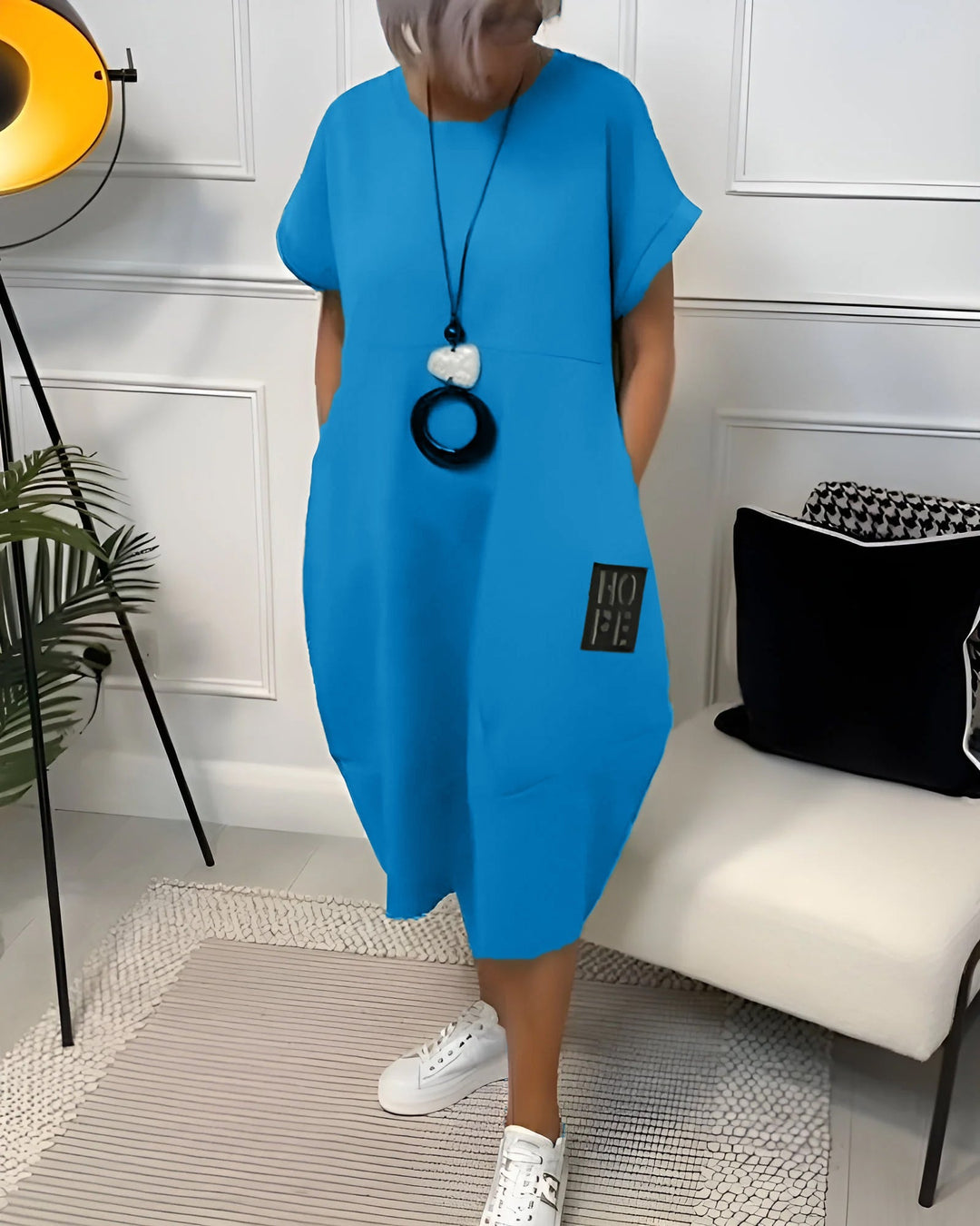 Paige | Effortless Short Sleeve Black Midi Dress With Pockets