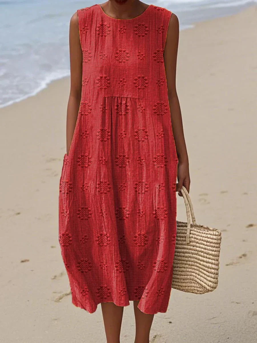 Rose | Elegant Sleeveless Embroidered Midi Dress With Pockets