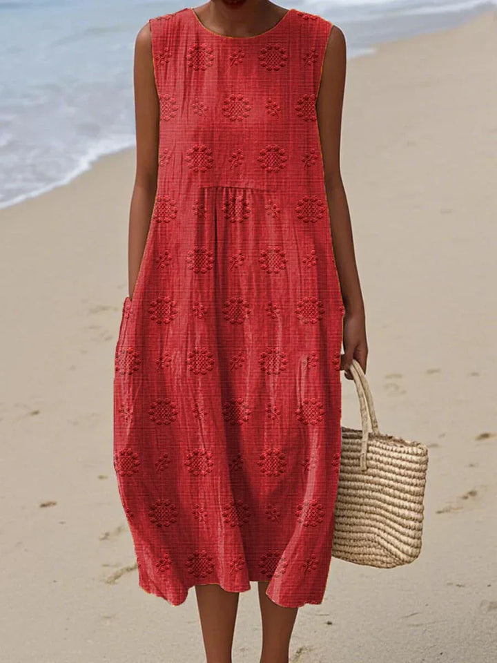Rose | Elegant Sleeveless Embroidered Midi Dress With Pockets