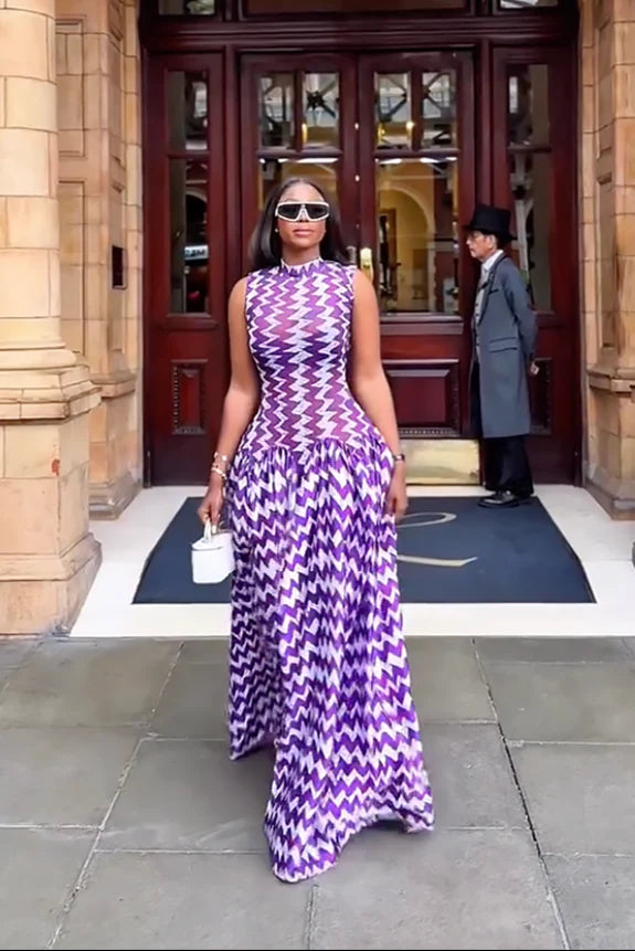 Lesley | Elegant High-Neck Sleeveless Zigzag Print Maxi Dress