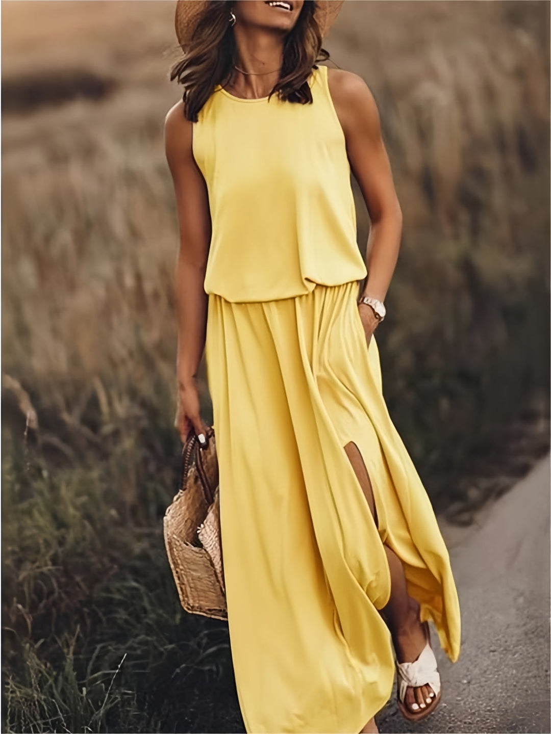 Tess | Stylish Sleeveless Yellow Maxi Dress With Side Slit