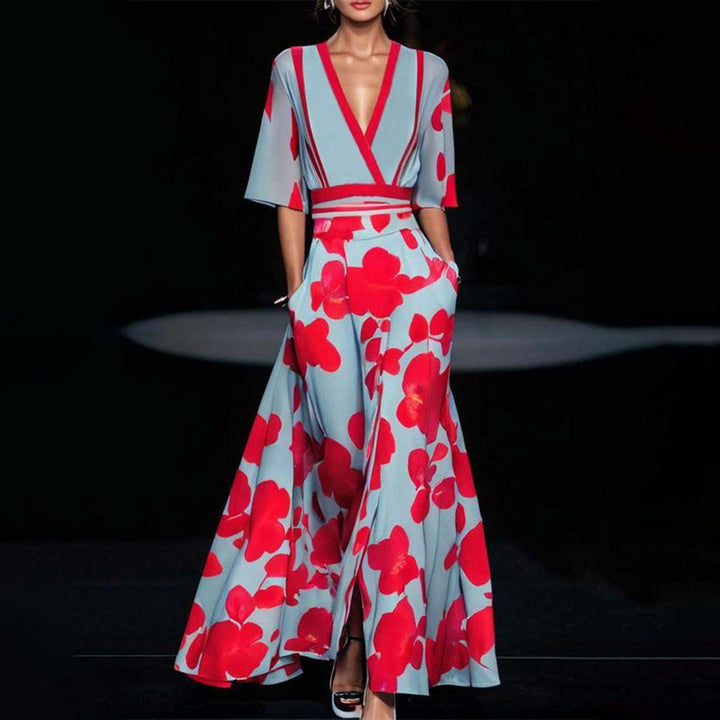 Ayana | Elegant V-Neck Floral Print Maxi Dress With Flutter Sleeves