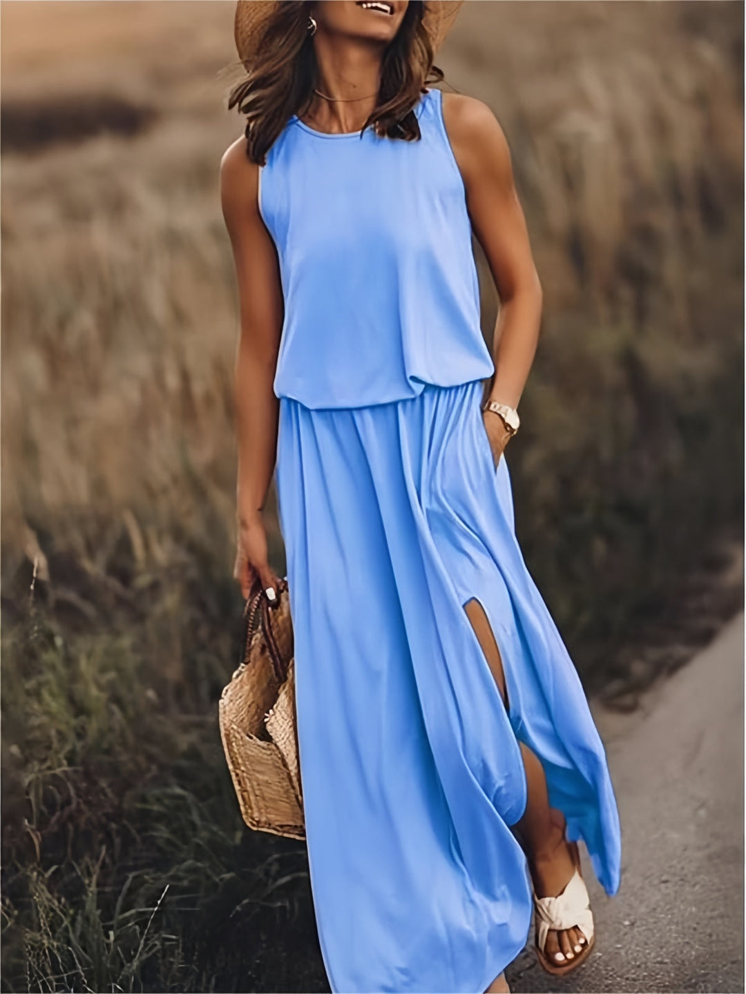 Tess | Stylish Sleeveless Yellow Maxi Dress With Side Slit
