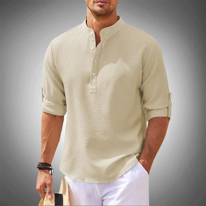 Sebastian | Elegant White Mandarin Collar Henley Shirt