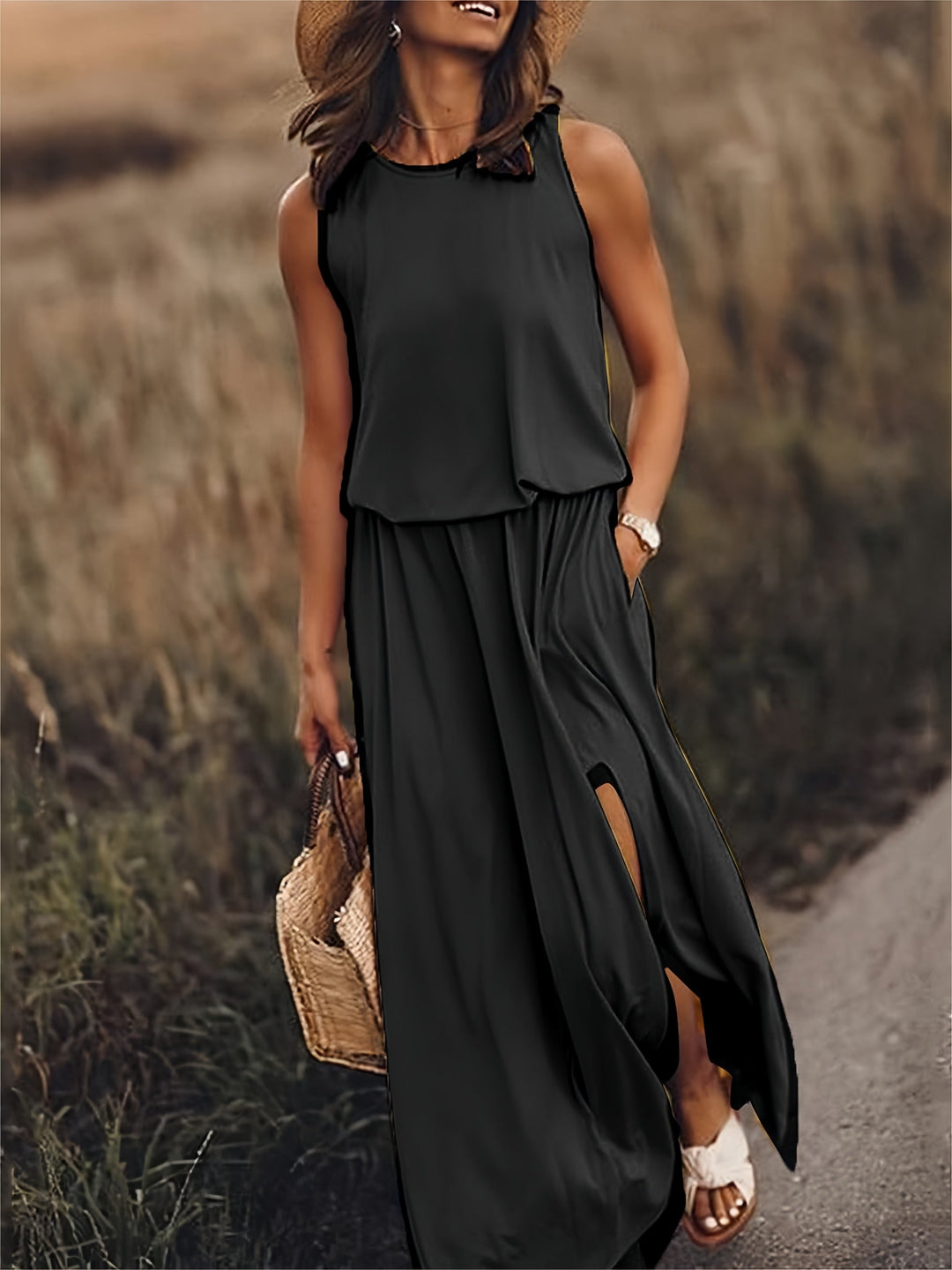 Tess | Stylish Sleeveless Yellow Maxi Dress With Side Slit