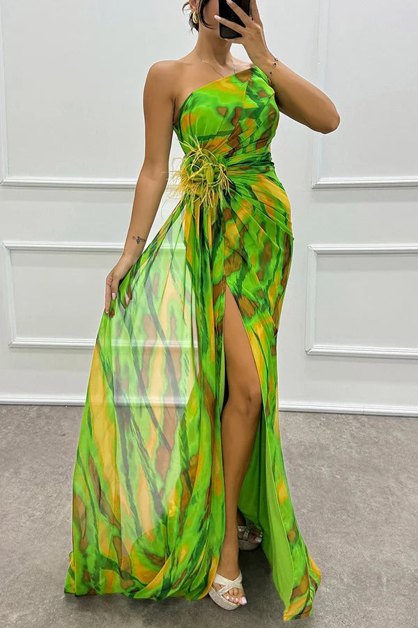 Millie | Elegant One Shoulder Feather Detail Maxi Gown