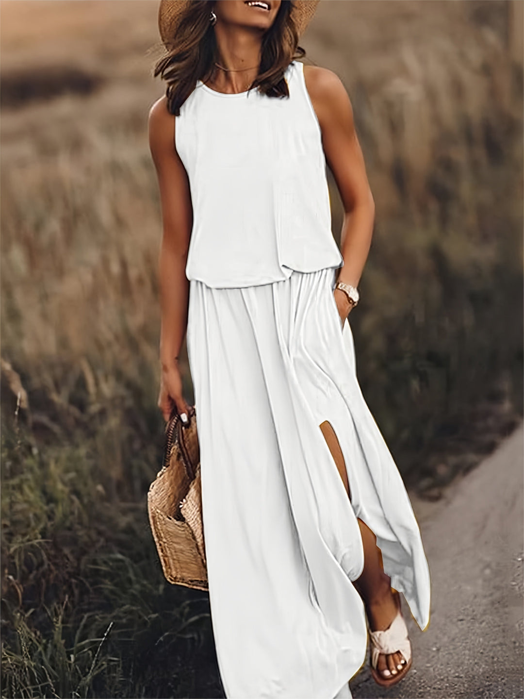 Tess | Stylish Sleeveless Yellow Maxi Dress With Side Slit