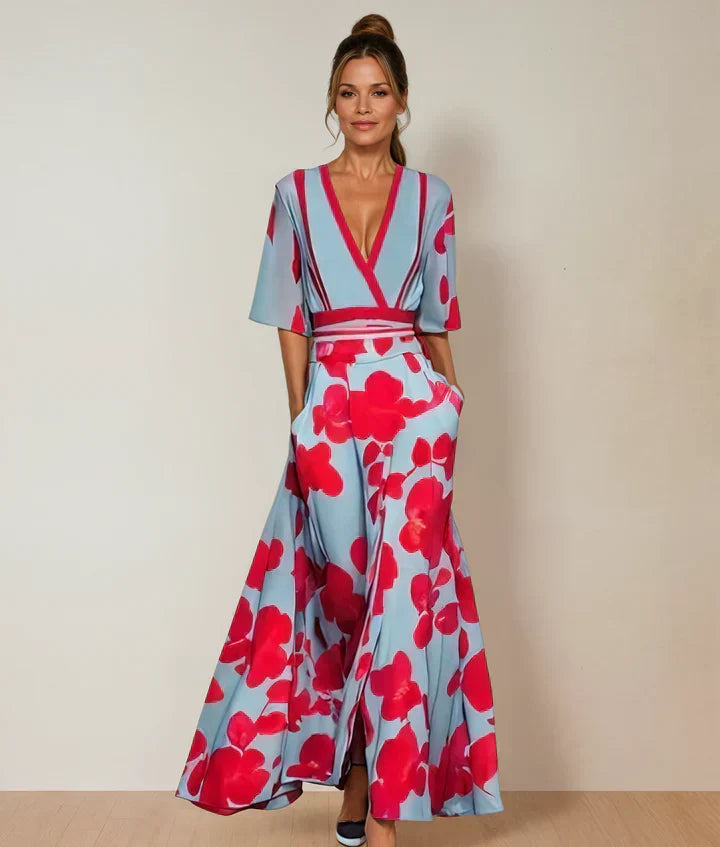 Ayana | Elegant V-Neck Floral Print Maxi Dress With Flutter Sleeves
