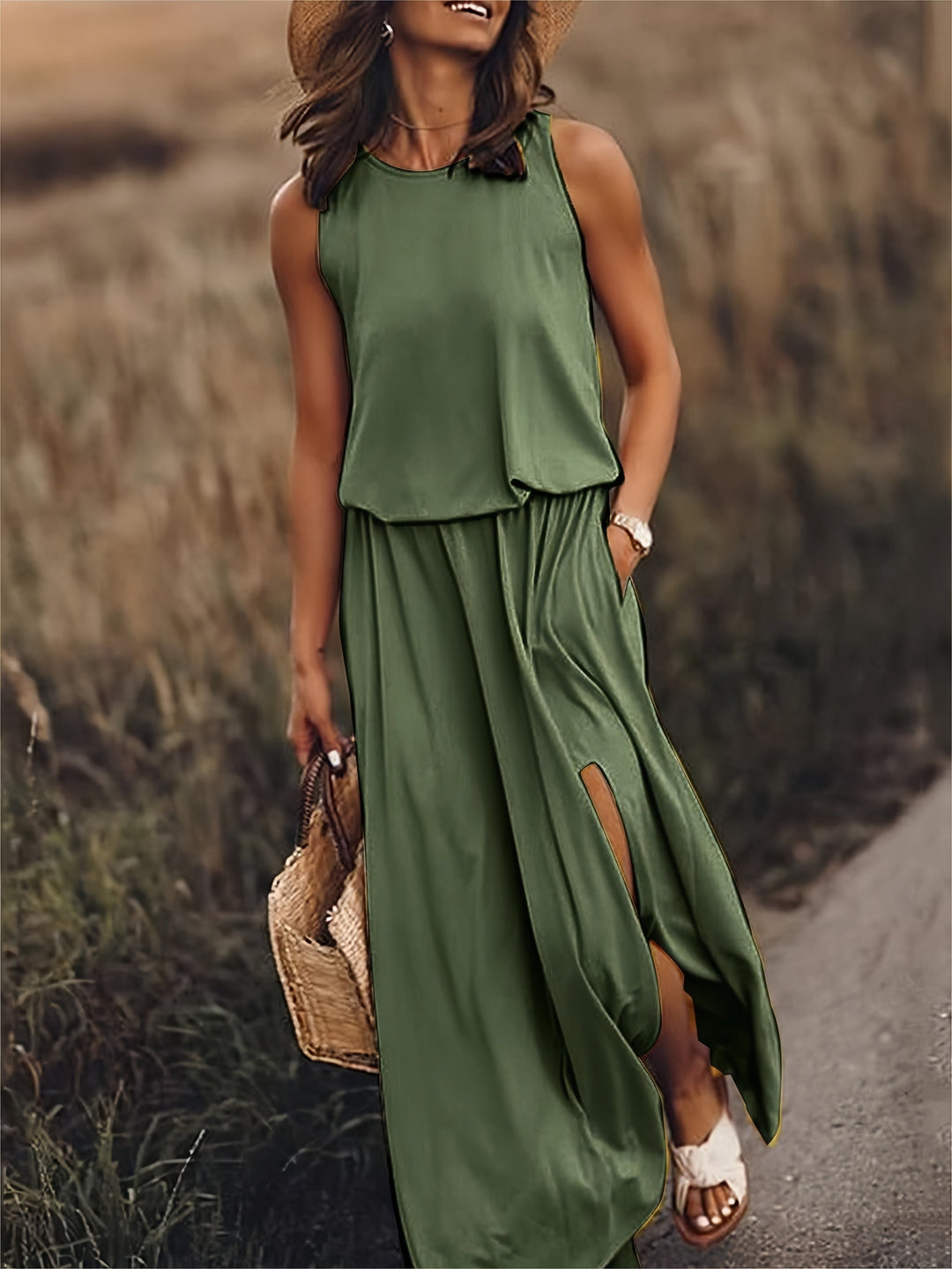 Tess | Stylish Sleeveless Yellow Maxi Dress With Side Slit