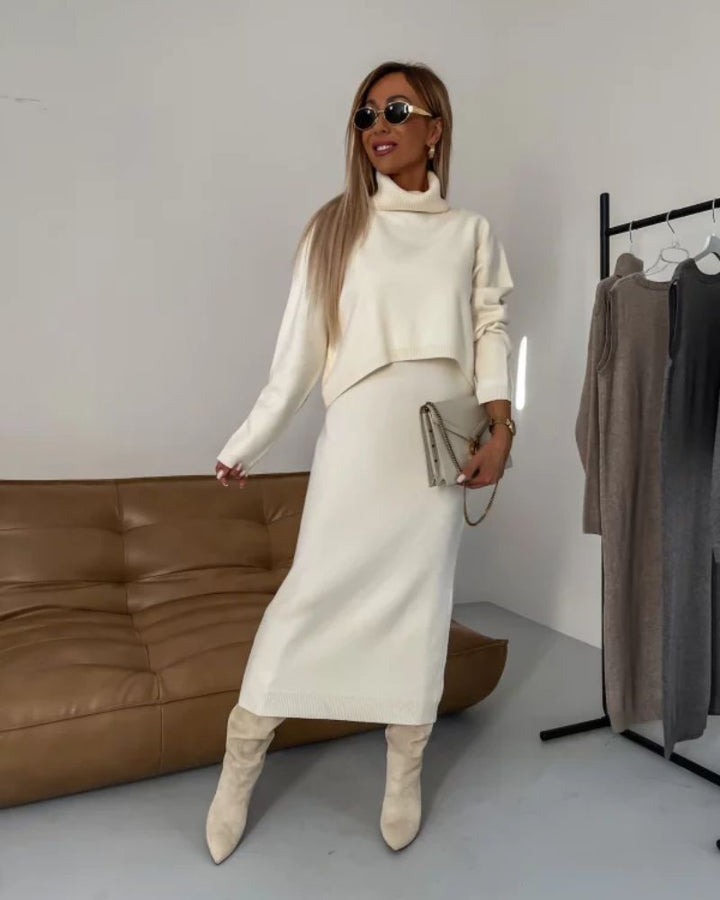 Valentina | Elegant Turtleneck Knit Set With Midi Skirt