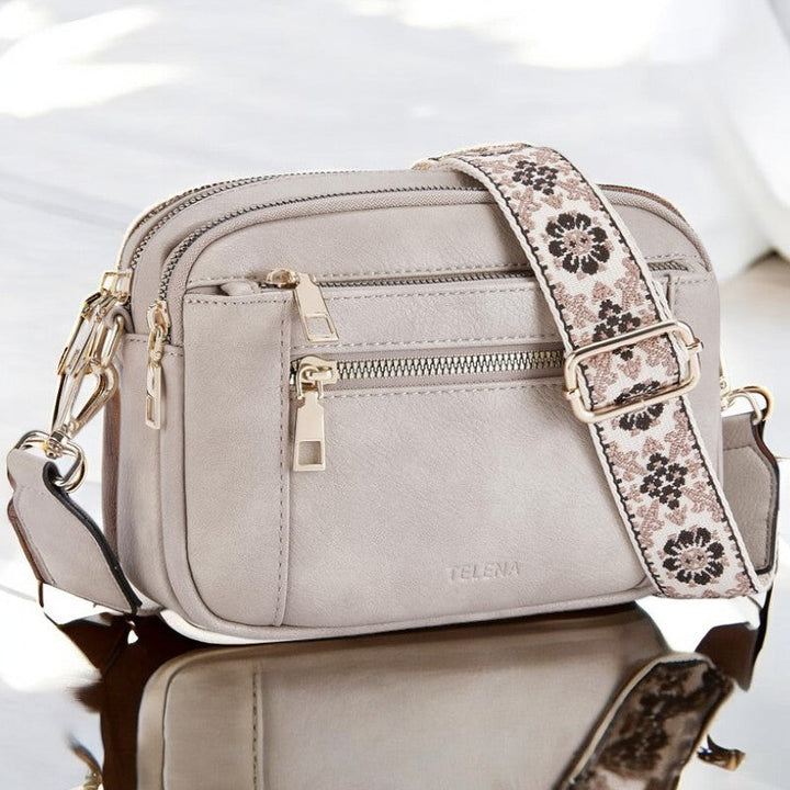Phoebe | Elegant White Leather Crossbody Bag With Embroidered Strap