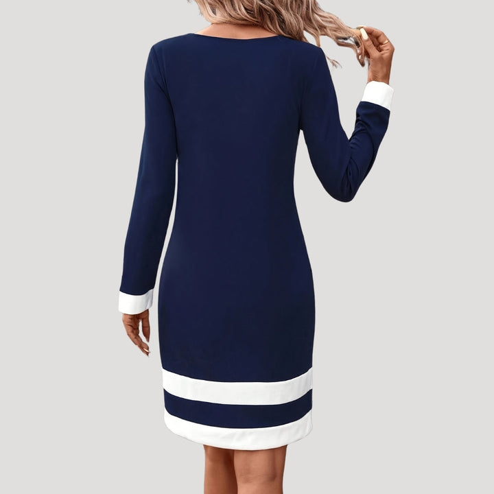 Wren | Elegant Navy Midi Dress With White Contrast Panels