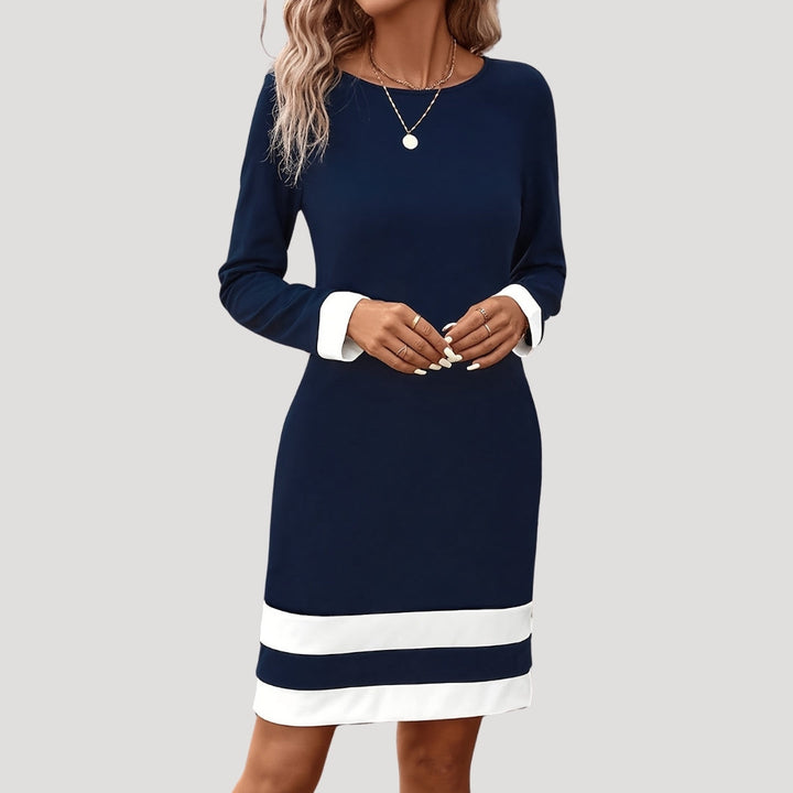 Margot | Elegant Navy Long Sleeve Midi Dress With Contrast Trim