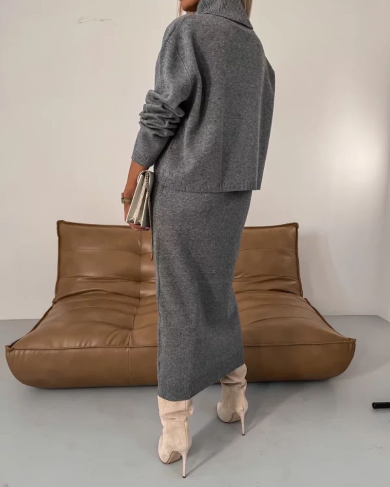 Valentina | Elegant Turtleneck Knit Set With Midi Skirt