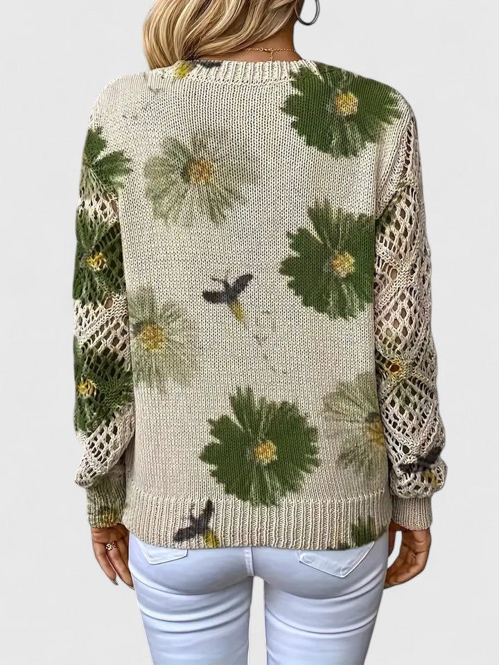 Millie | Elegant V-Neck Floral Knit Sweater With Lace Sleeves